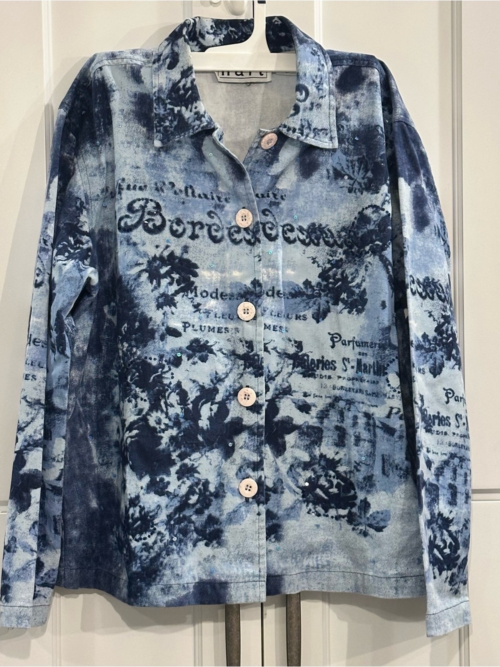 Vintage Keren Hart Denim Jacket Women’s L Blue Floral French Artsy Tie Dye Boho